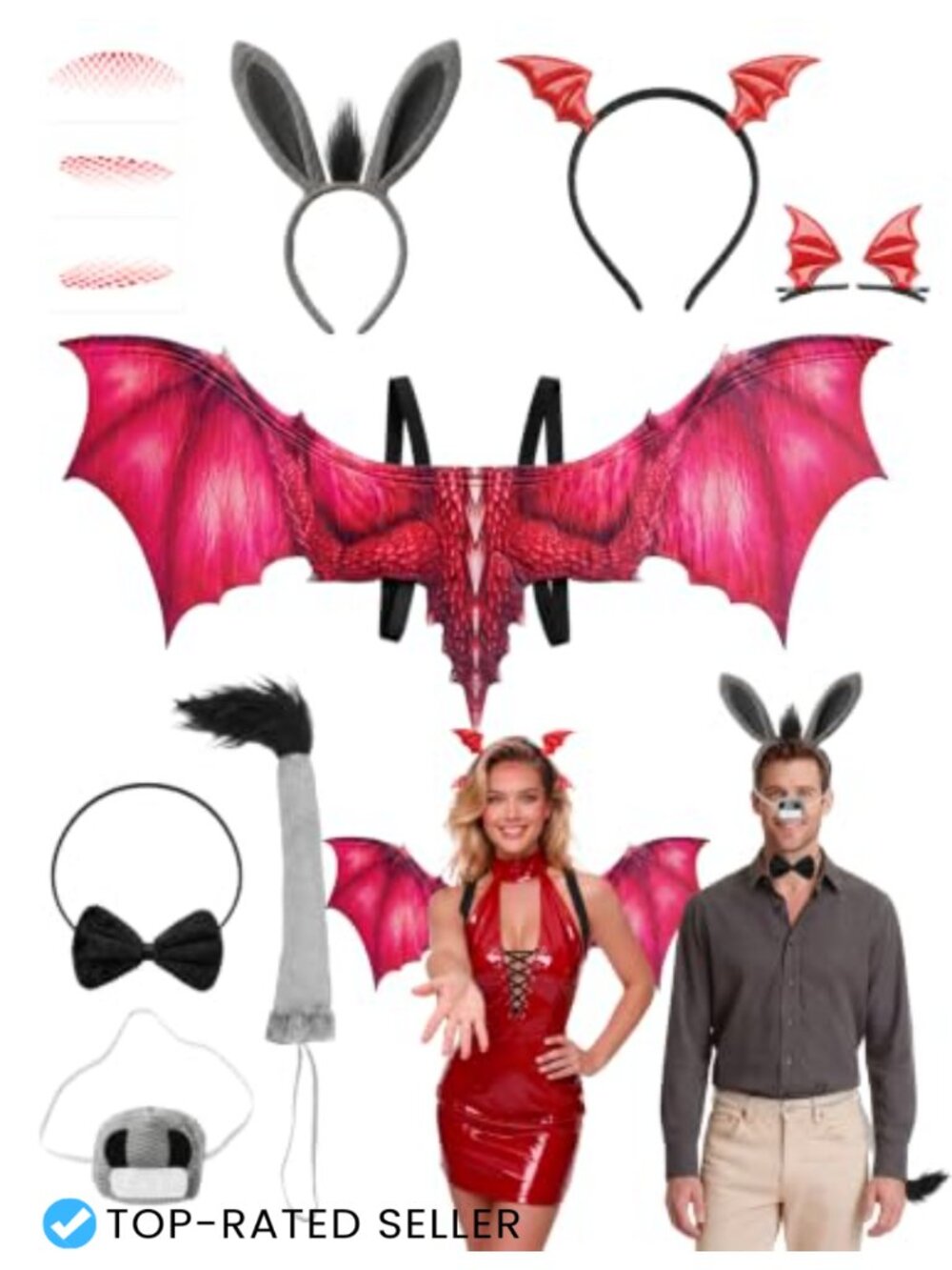 Couple Dragon Donkey Costume Set Wings Headband Hair Clips Nose Tail Bow Tie
